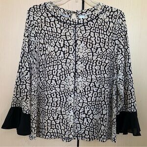 Anne Klein Women's Long Ruffle Sleeve‎ Keyhole Blouse Animal Print Black White M